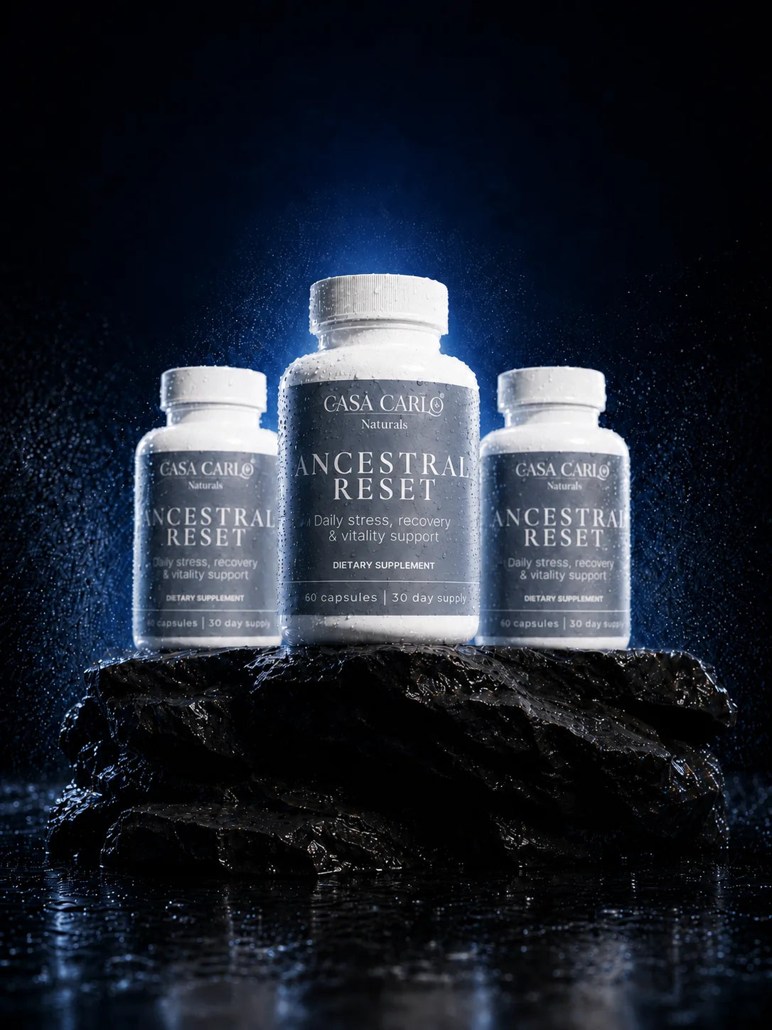 Casa Carlo Ancestral Reset bottles on dark blue background