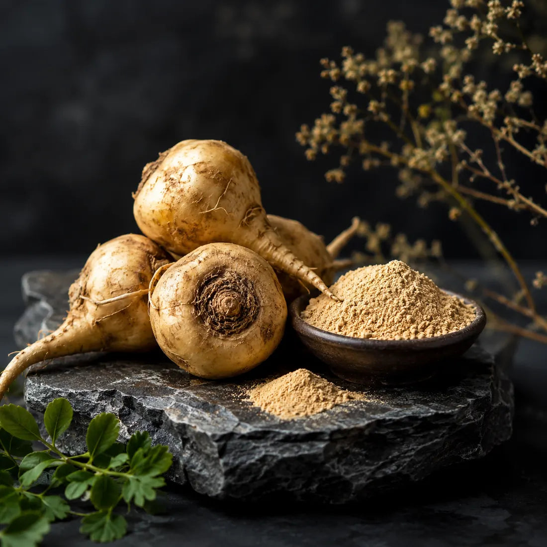 Maca root and powder on dark stone