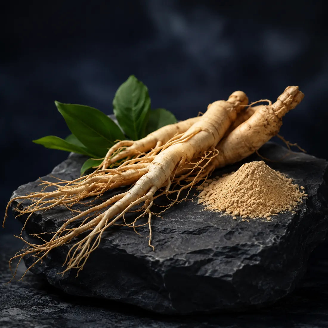 Panax ginseng root and powder on dark stone