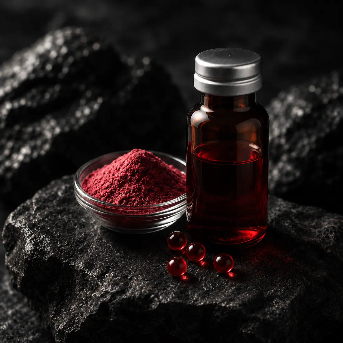 Vitamin B12 red liquid and powder on dark stone