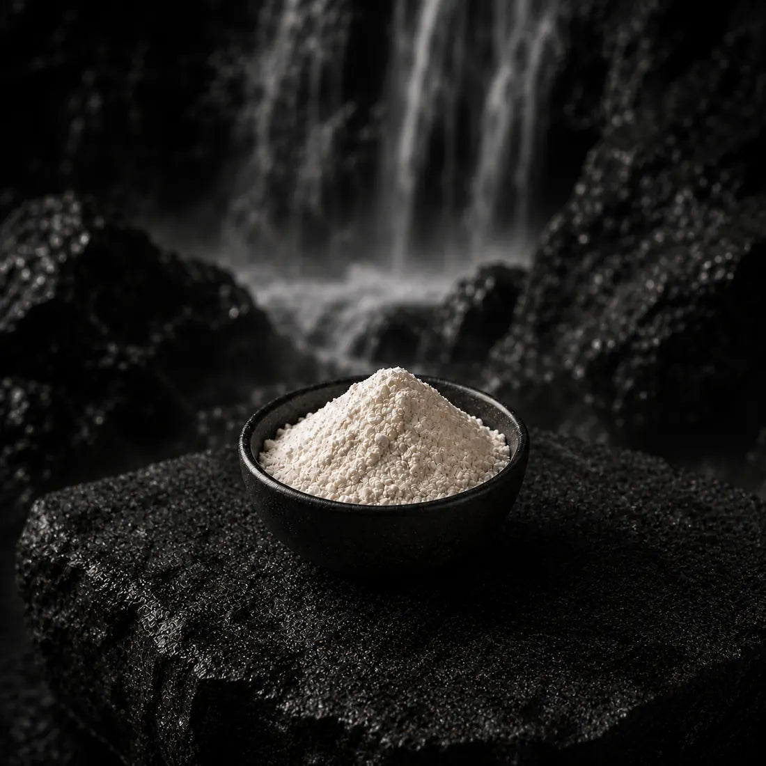 Vitamin B6 powder in bowl on dark stone