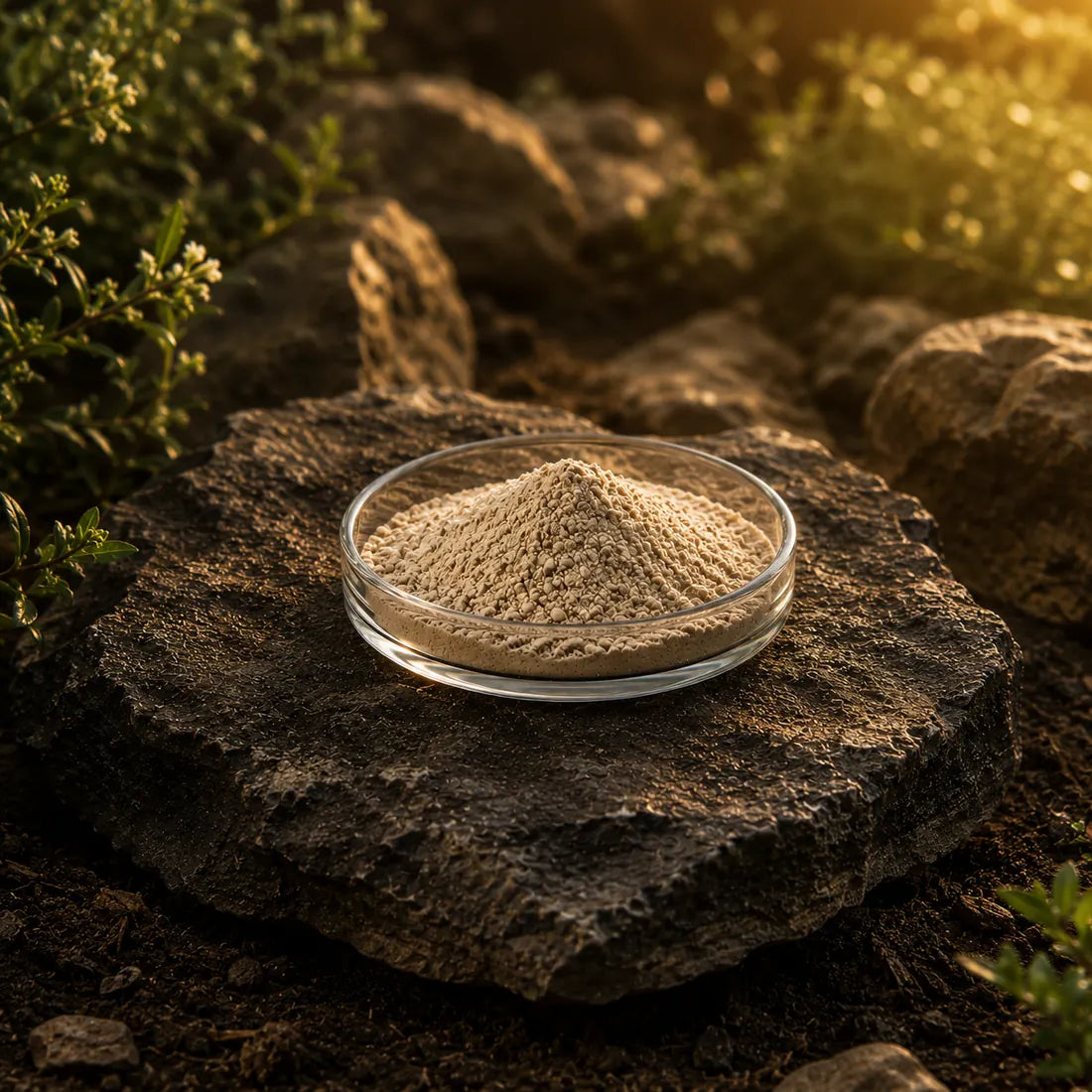 Vitamin D powder in sunlight on dark stone