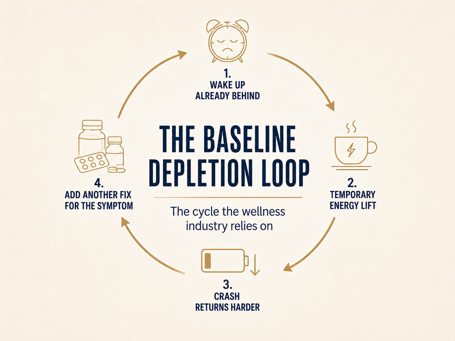 The baseline depletion loop: wake up already behind, temporary energy lift, crash returns harder, add another fix for the symptom