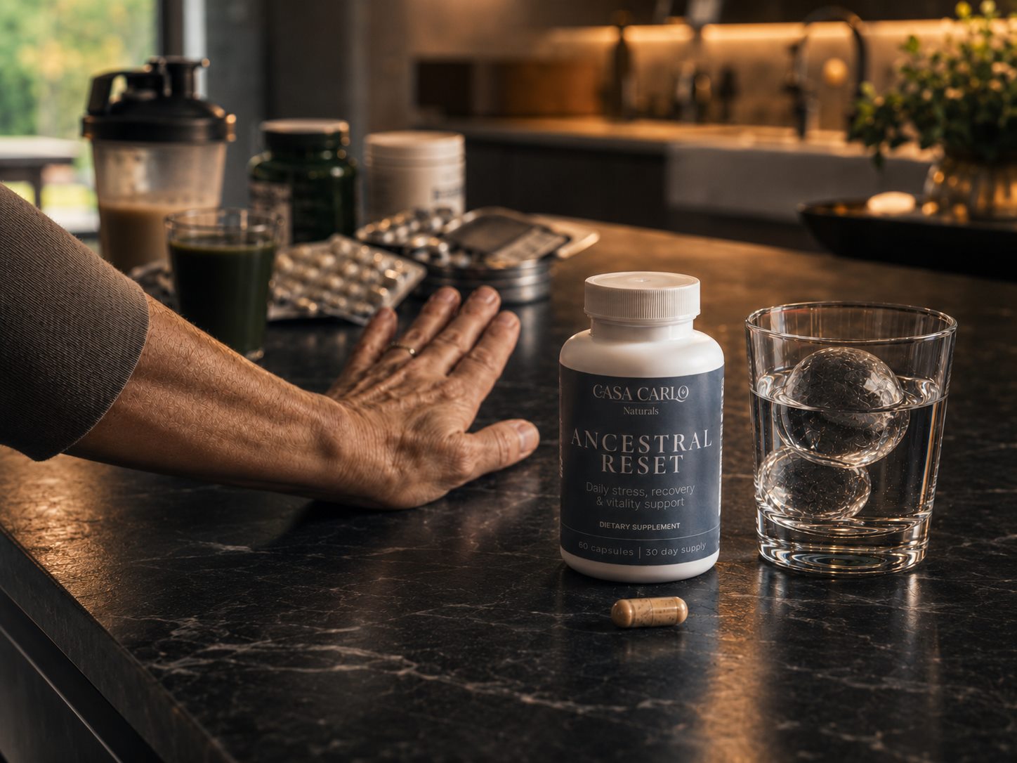 Ancestral Reset bottle beside water after stopping a scattered supplement stack