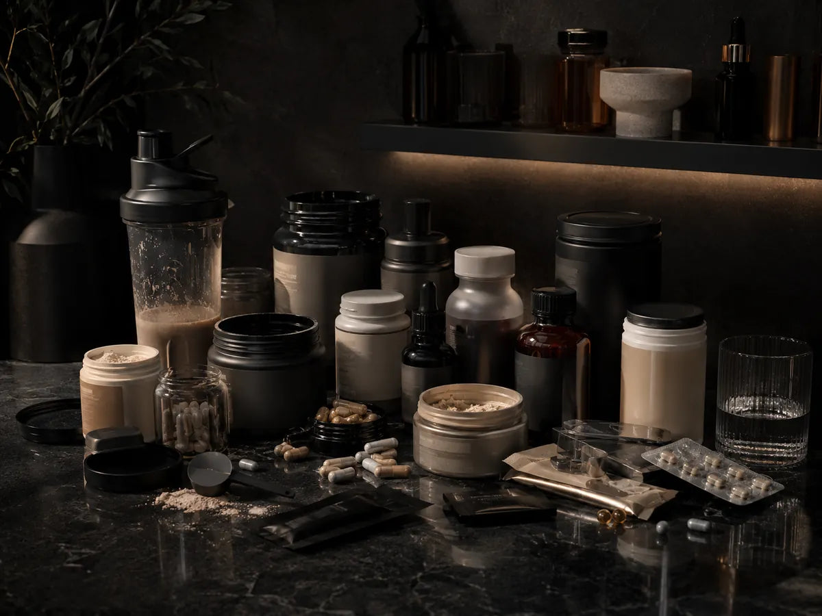 A cluttered stack of anonymous supplement bottles, powders, capsules, and packets