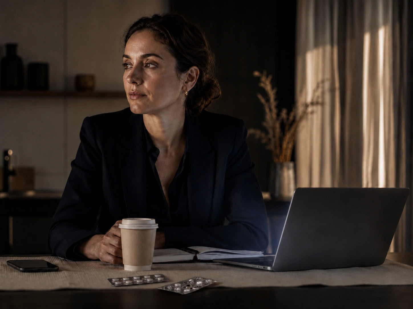 A composed working adult at a desk, visibly tired beneath the surface